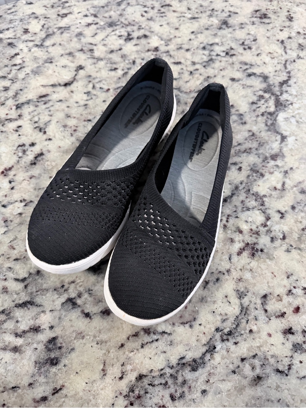 Clarks Black Knit Slip-On Flats with White Sole